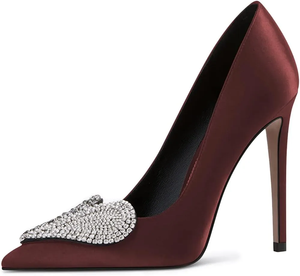 XYD Women's Pointed Toe Heart Shaped with Stitching Rhinestones Studded Slip On Stiletto Heels Sexy Wedding Pumps Shoes