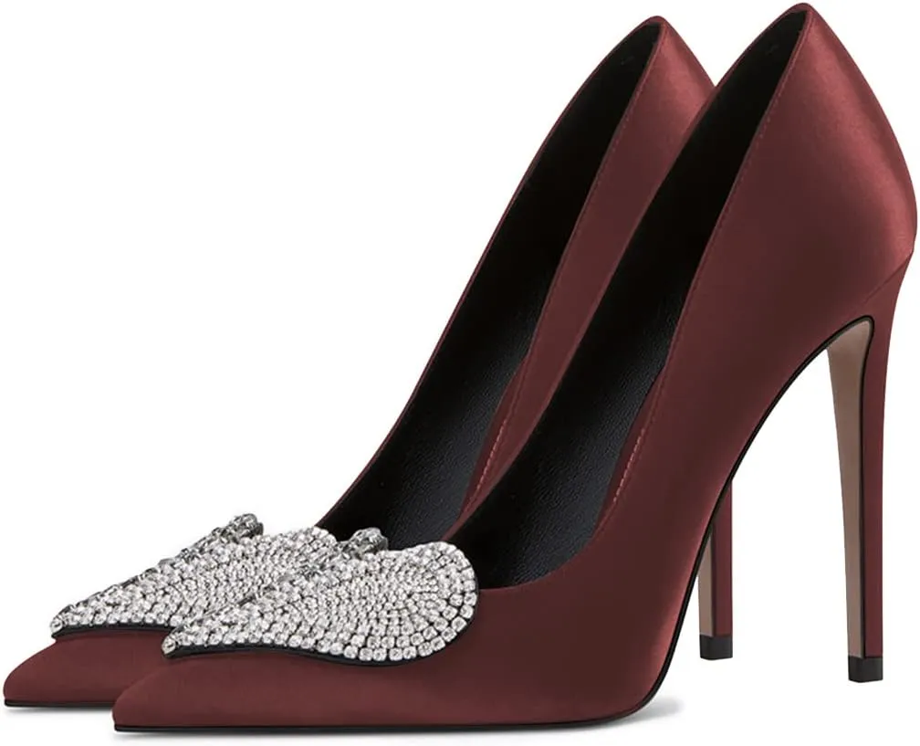 XYD Women's Pointed Toe Heart Shaped with Stitching Rhinestones Studded Slip On Stiletto Heels Sexy Wedding Pumps Shoes
