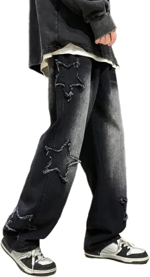 Y2k Baggy Jeans for Men,Hip Hop Grunge Demin Pants Wide Leg Loose Joggers Star Graphic Jeans