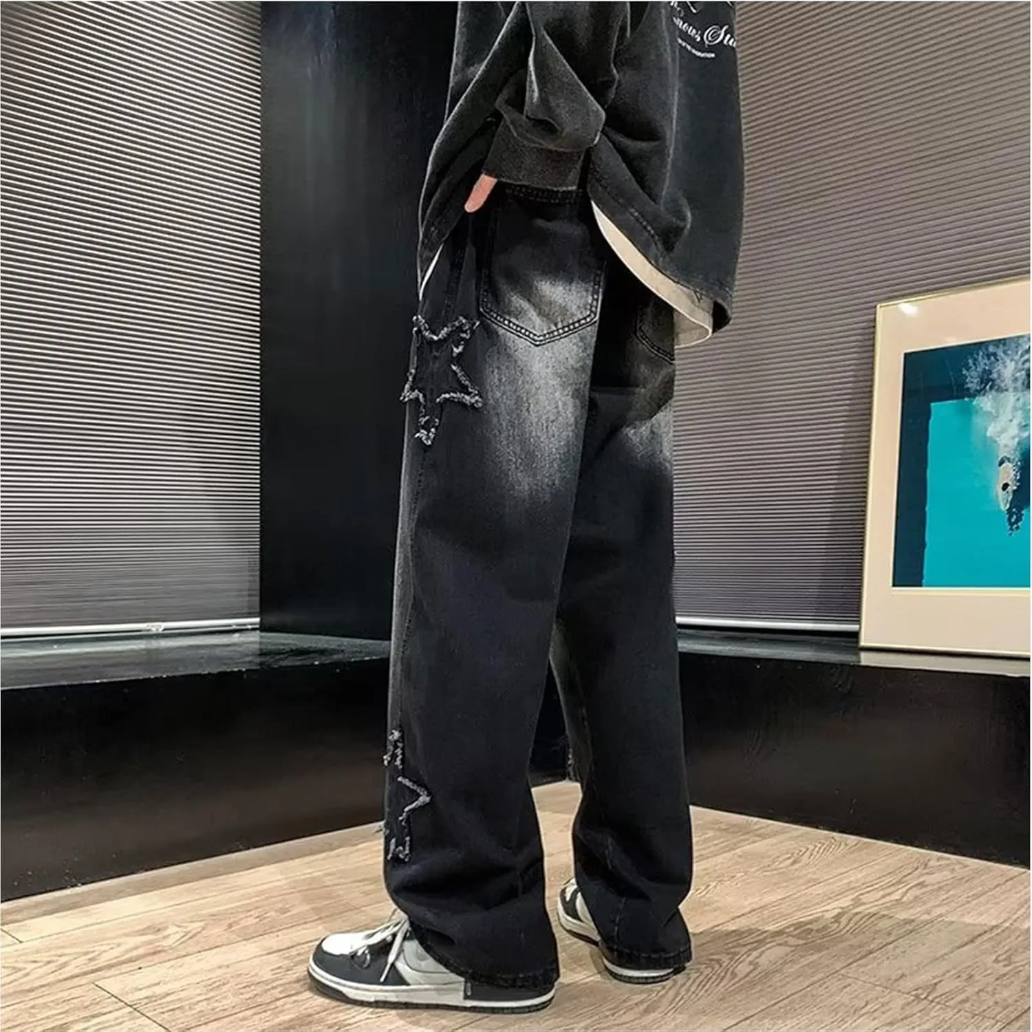 Y2k Baggy Jeans for Men,Hip Hop Grunge Demin Pants Wide Leg Loose Joggers Star Graphic Jeans