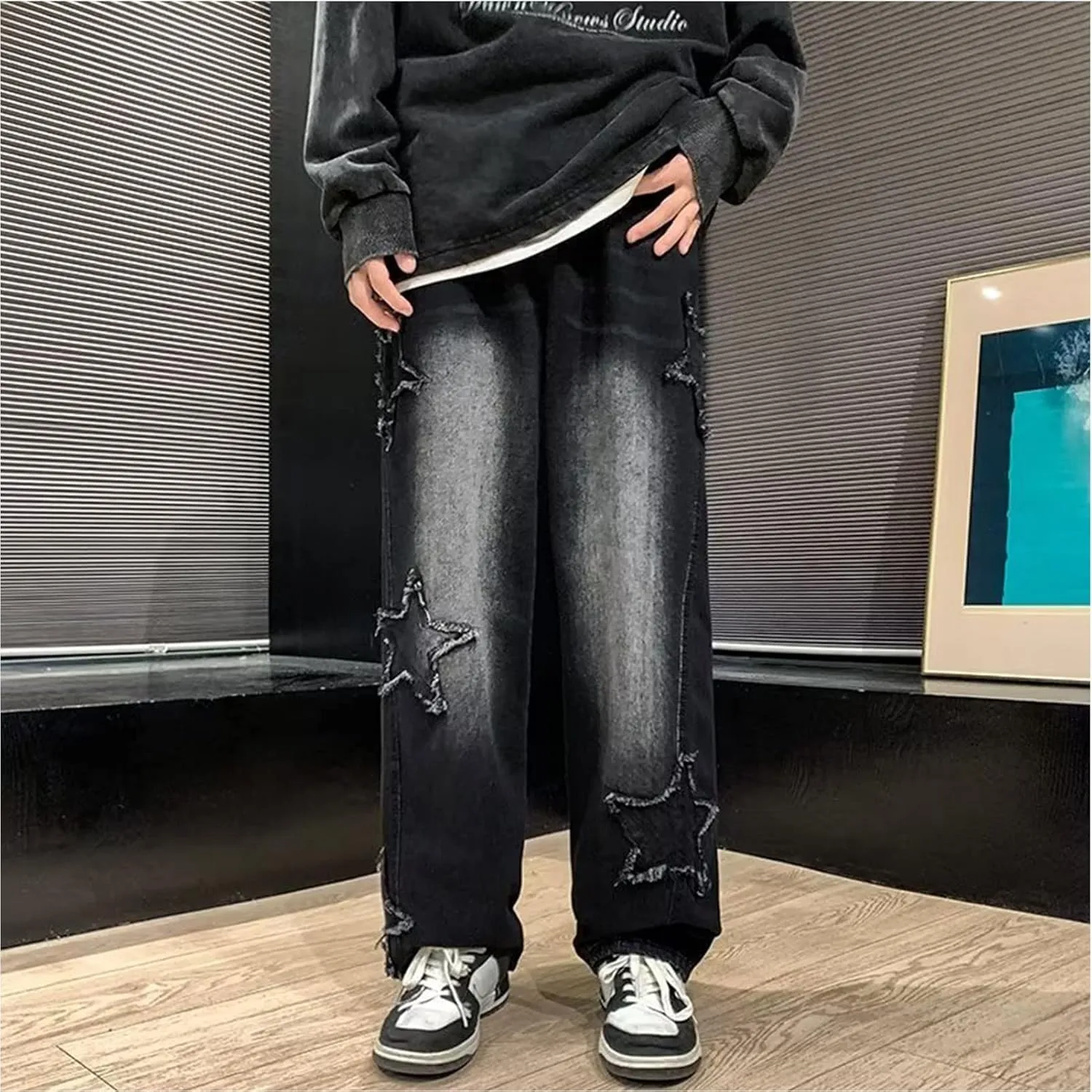 Y2k Baggy Jeans for Men,Hip Hop Grunge Demin Pants Wide Leg Loose Joggers Star Graphic Jeans