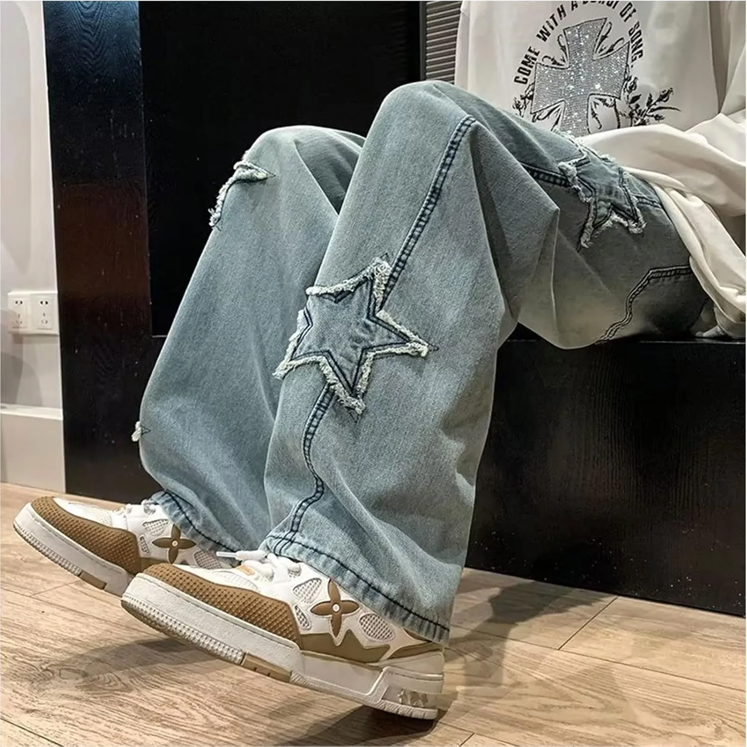 Y2k Baggy Jeans for Men,Hip Hop Grunge Demin Pants Wide Leg Loose Joggers Star Graphic Jeans