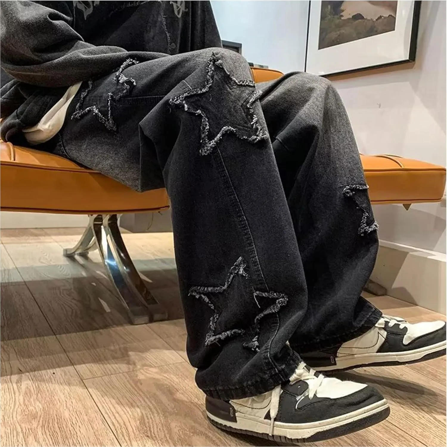 Y2k Baggy Jeans for Men,Hip Hop Grunge Demin Pants Wide Leg Loose Joggers Star Graphic Jeans