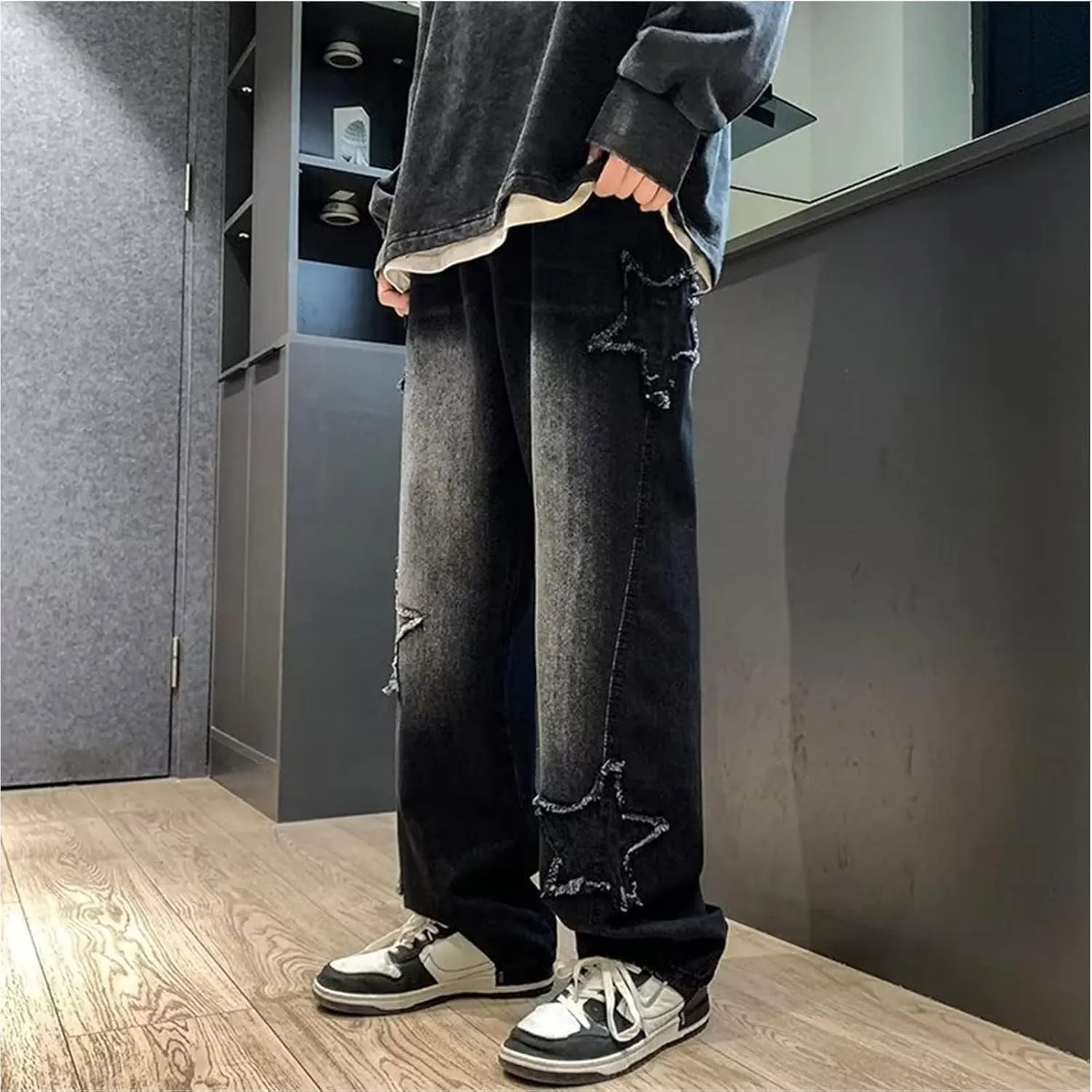 Y2k Baggy Jeans for Men,Hip Hop Grunge Demin Pants Wide Leg Loose Joggers Star Graphic Jeans