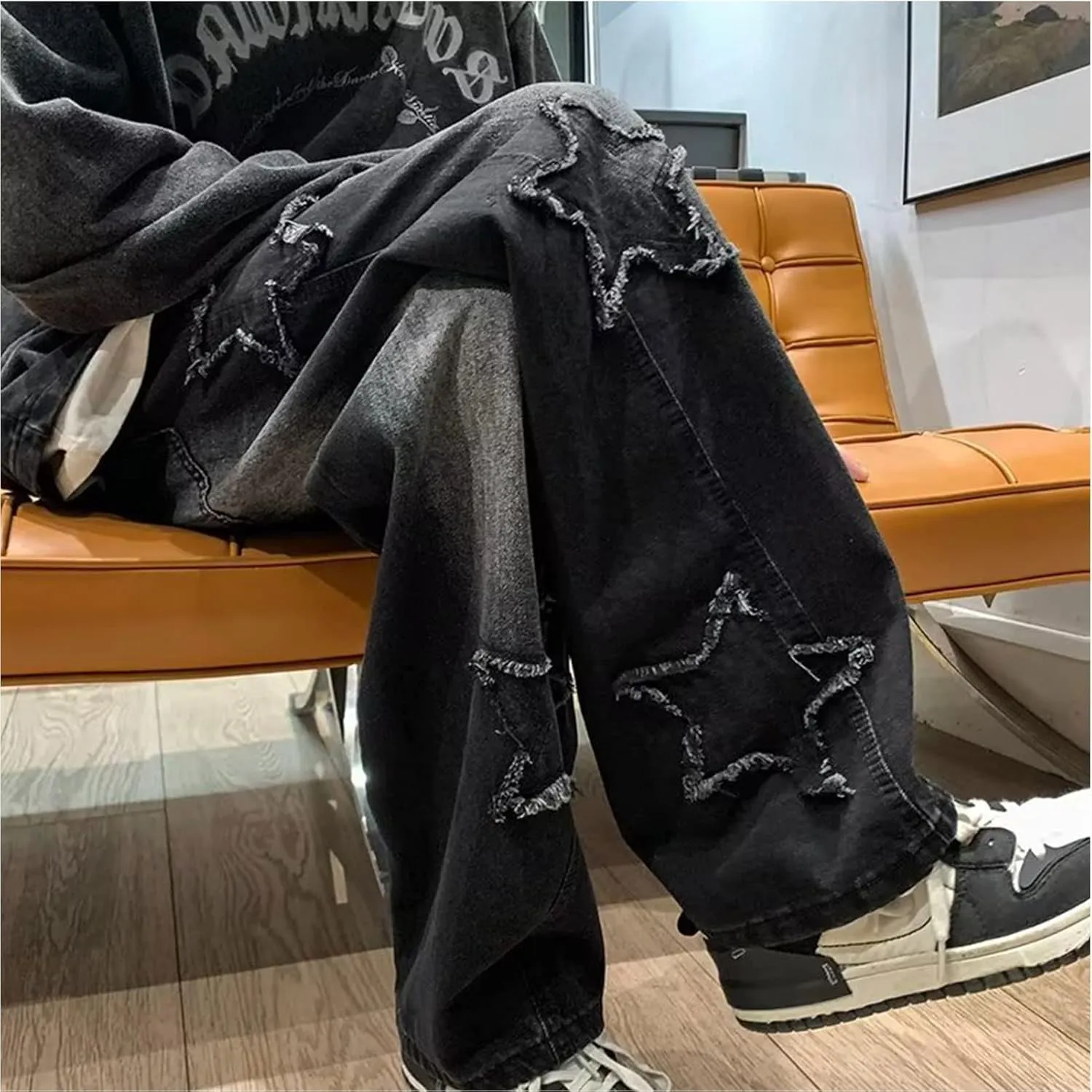 Y2k Baggy Jeans for Men,Hip Hop Grunge Demin Pants Wide Leg Loose Joggers Star Graphic Jeans