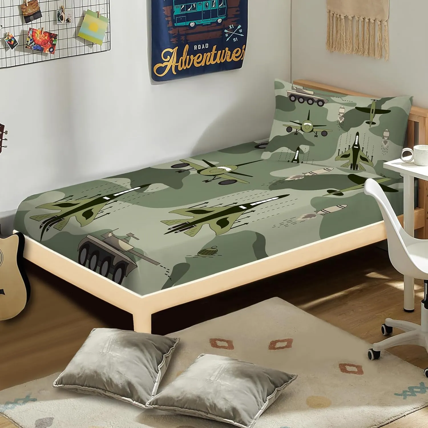 Yasida Twin Size Fitted Sheets Bedding Airplane Sheets Camo Bed Sheets for Kids,Airplane Tank Camping Bed Sheet Set for Boys and Girls 2 Pack Bed Fitted Sheet and Pillowcases Set