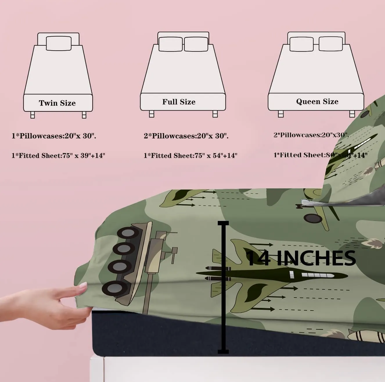 Yasida Twin Size Fitted Sheets Bedding Airplane Sheets Camo Bed Sheets for Kids,Airplane Tank Camping Bed Sheet Set for Boys and Girls 2 Pack Bed Fitted Sheet and Pillowcases Set