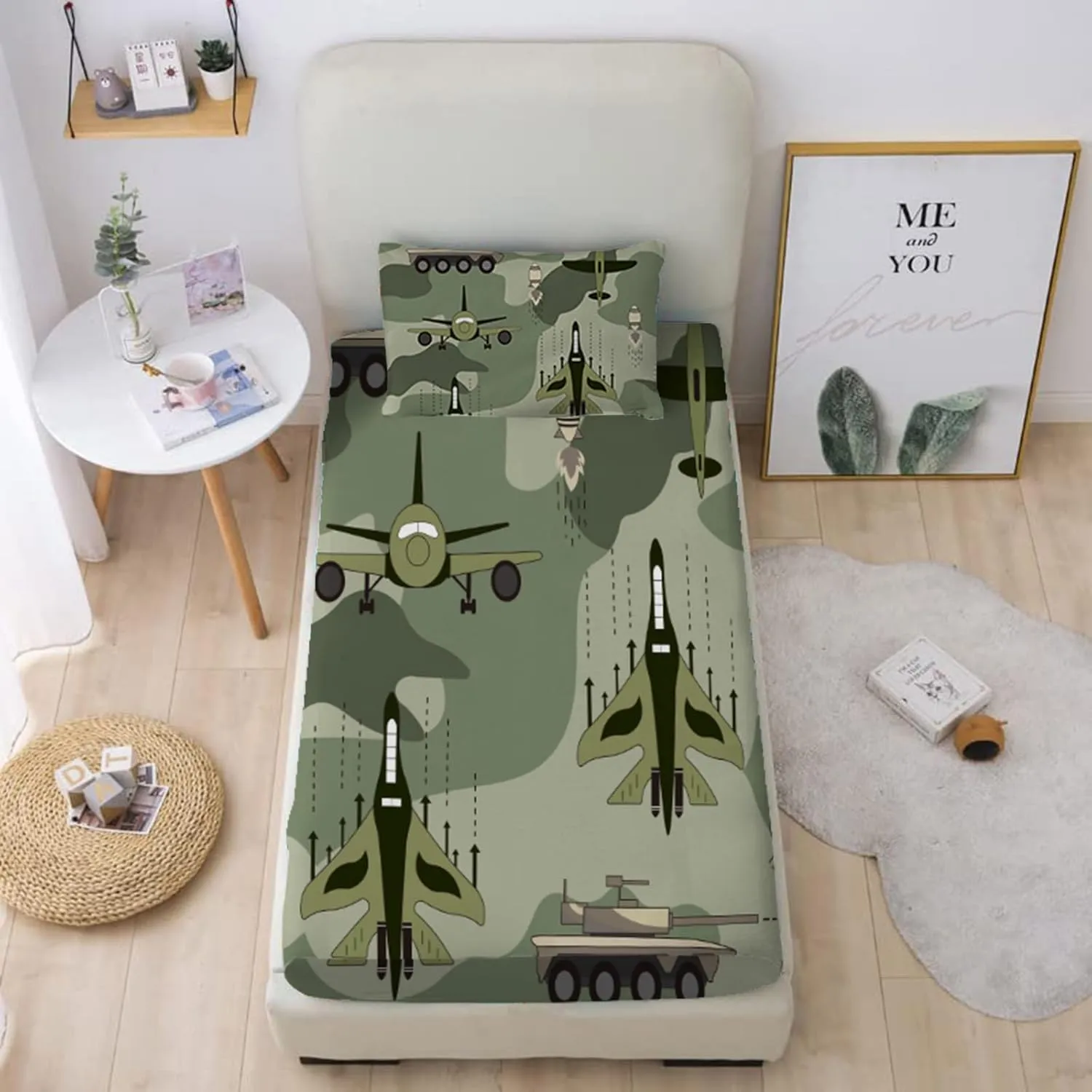 Yasida Twin Size Fitted Sheets Bedding Airplane Sheets Camo Bed Sheets for Kids,Airplane Tank Camping Bed Sheet Set for Boys and Girls 2 Pack Bed Fitted Sheet and Pillowcases Set