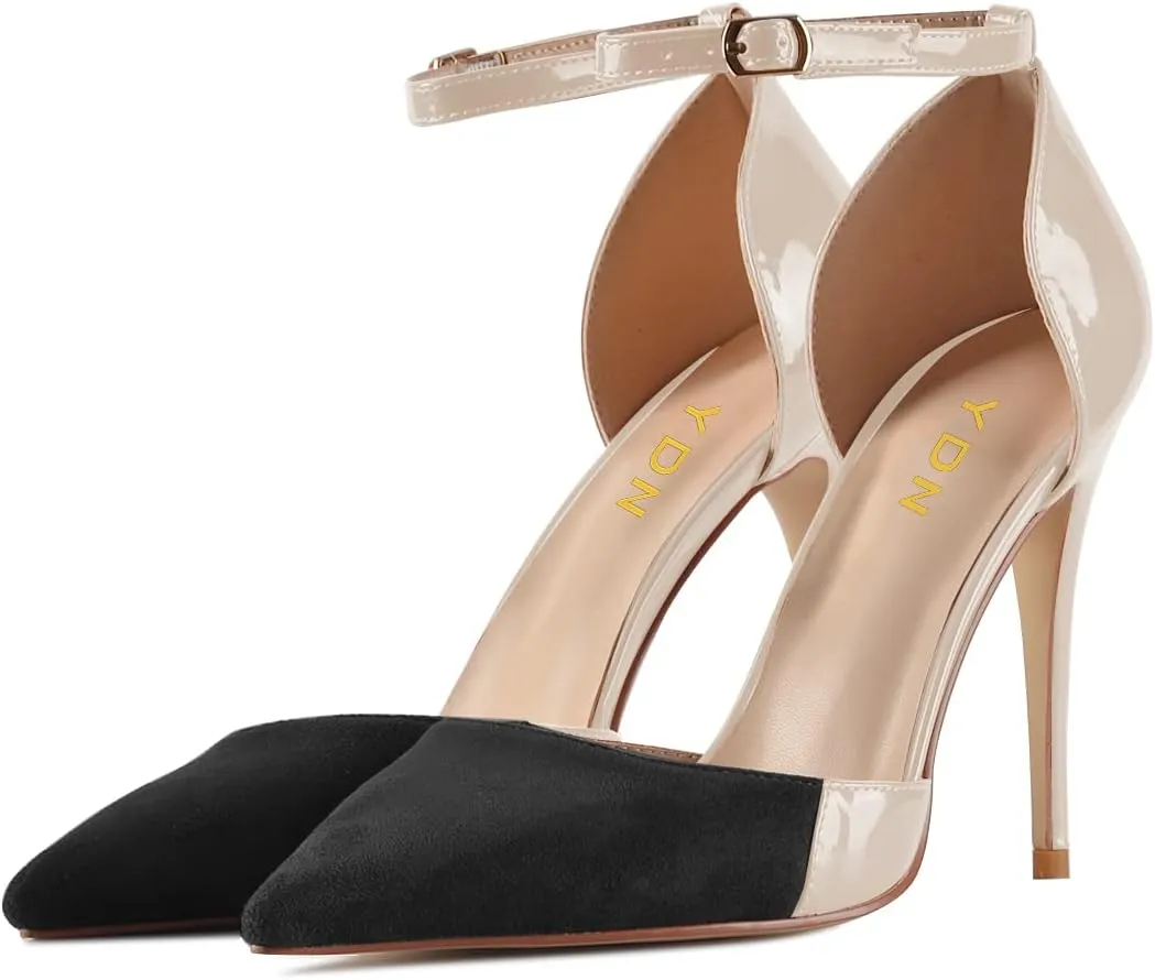 YDN Women Sexy Pointed Toe Stiletto High Heel Ankle Strap Sandals D'orsay Patchwork Pumps Dress Shoes with Buckle Size 4-16 US