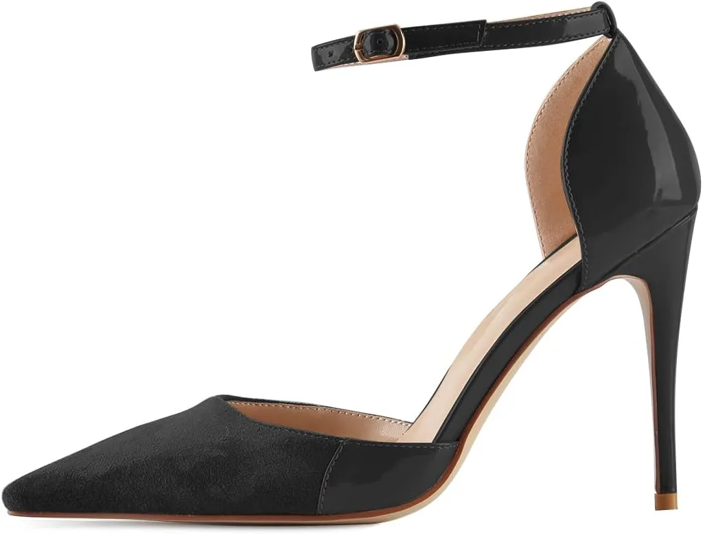 YDN Women Sexy Pointed Toe Stiletto High Heel Ankle Strap Sandals D'orsay Patchwork Pumps Dress Shoes with Buckle Size 4-16 US