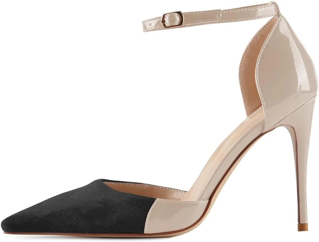 YDN Women Sexy Pointed Toe Stiletto High Heel Ankle Strap Sandals D'orsay Patchwork Pumps Dress Shoes with Buckle Size 4-16 US