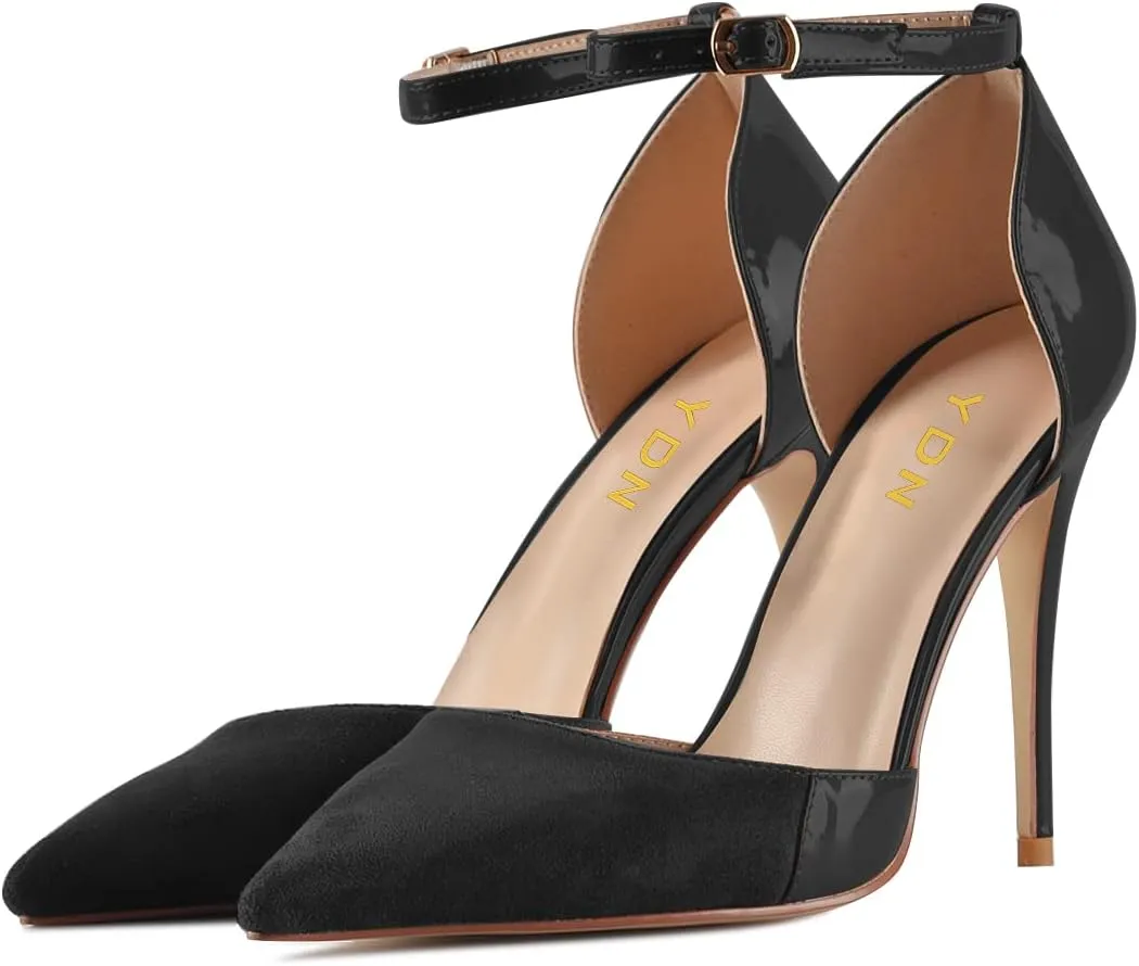 YDN Women Sexy Pointed Toe Stiletto High Heel Ankle Strap Sandals D'orsay Patchwork Pumps Dress Shoes with Buckle Size 4-16 US