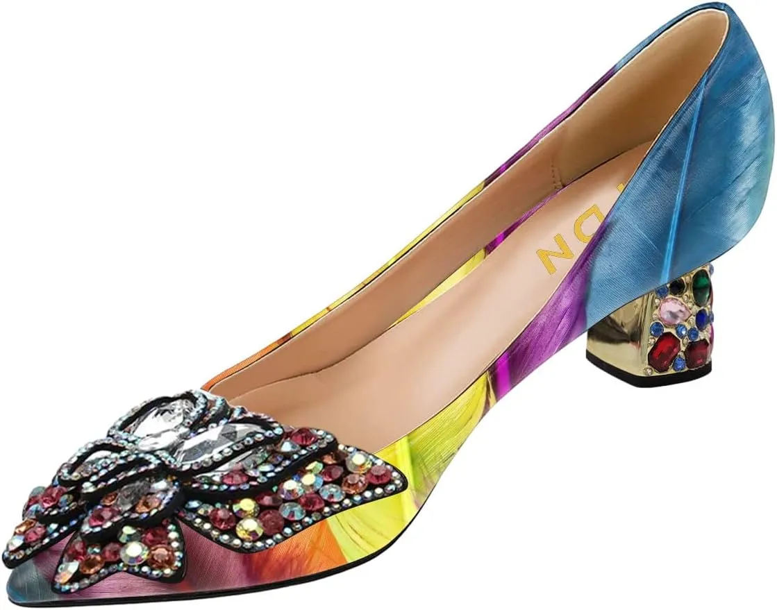 YDN Women's Pointed Toe Bow Pumps Colorful Rhinestone Block Low Heel Butterfly Slip On Fashion Party Dance Shoes Size 4-15 US