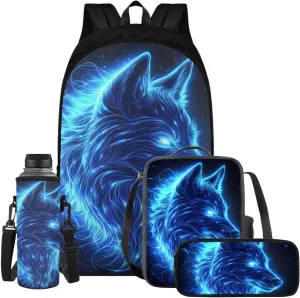 YEXIATODO Blue Light Wolf 7th Grade Backpack and Lunch Box Set Kids Girls Backpack Purse for Teens Elementary School Bookbag with Pencil Case Rucksack for Teens Child Back To School