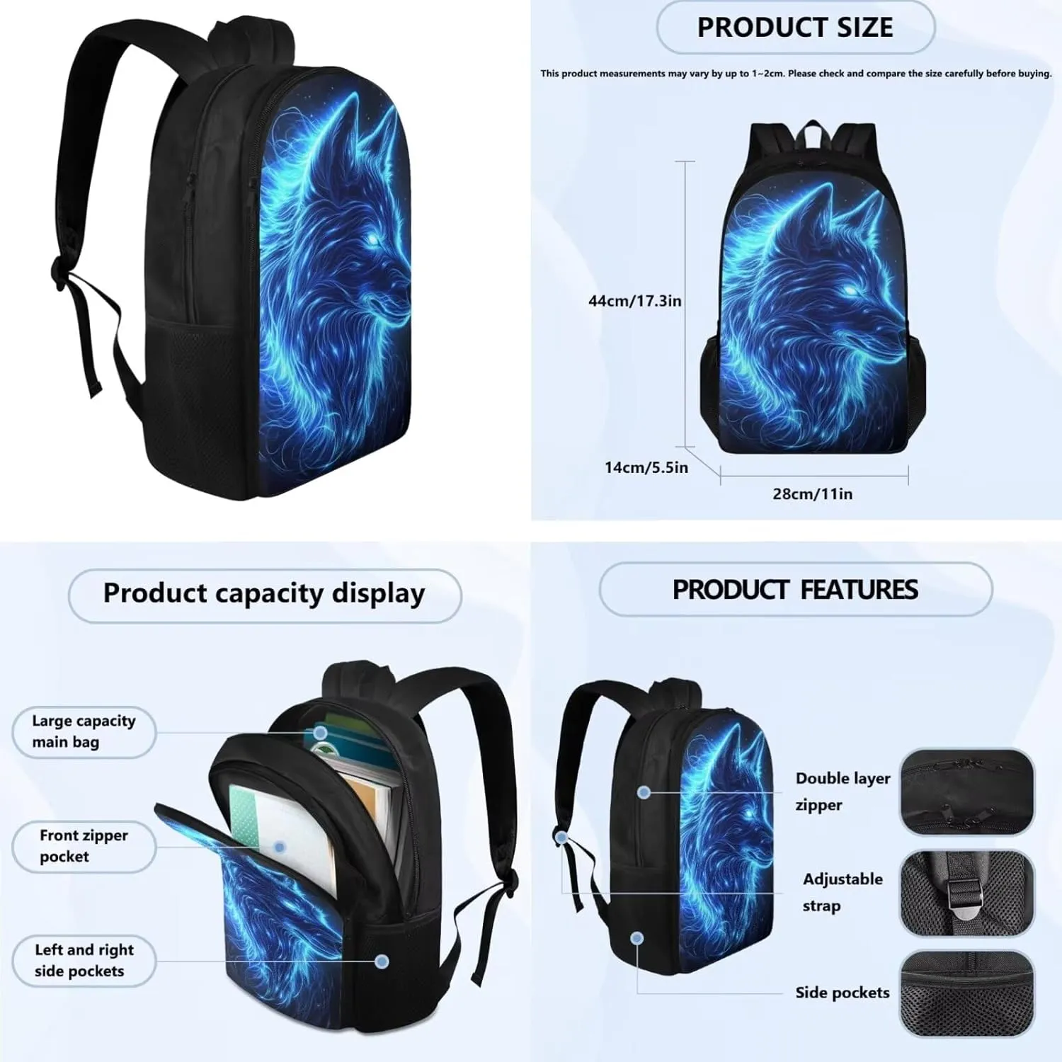 YEXIATODO Blue Light Wolf 7th Grade Backpack and Lunch Box Set Kids Girls Backpack Purse for Teens Elementary School Bookbag with Pencil Case Rucksack for Teens Child Back To School