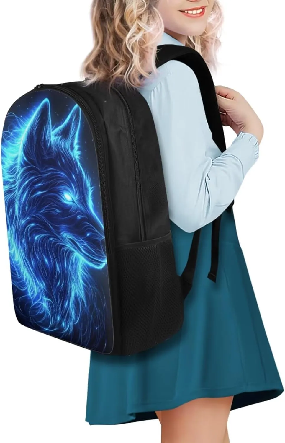 YEXIATODO Blue Light Wolf 7th Grade Backpack and Lunch Box Set Kids Girls Backpack Purse for Teens Elementary School Bookbag with Pencil Case Rucksack for Teens Child Back To School
