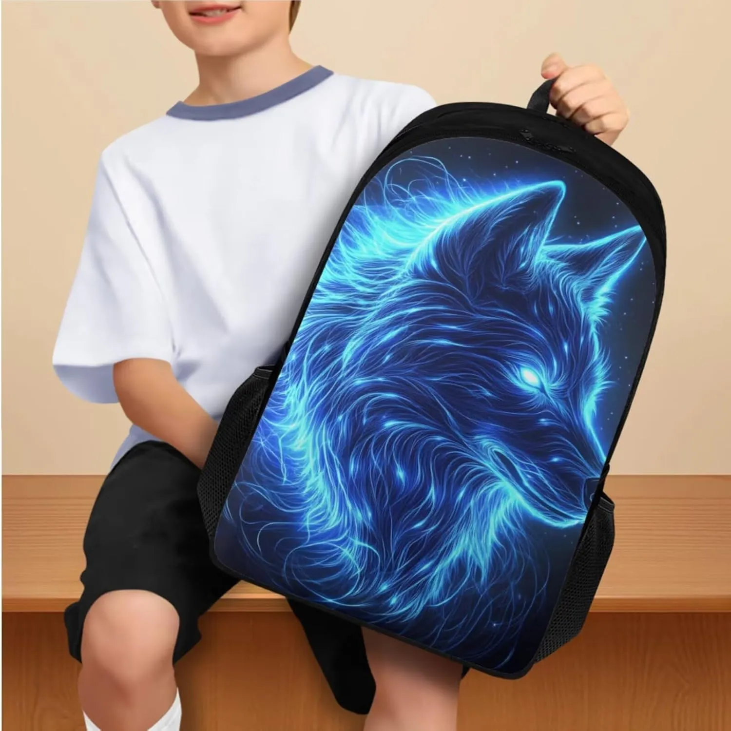 YEXIATODO Blue Light Wolf 7th Grade Backpack and Lunch Box Set Kids Girls Backpack Purse for Teens Elementary School Bookbag with Pencil Case Rucksack for Teens Child Back To School