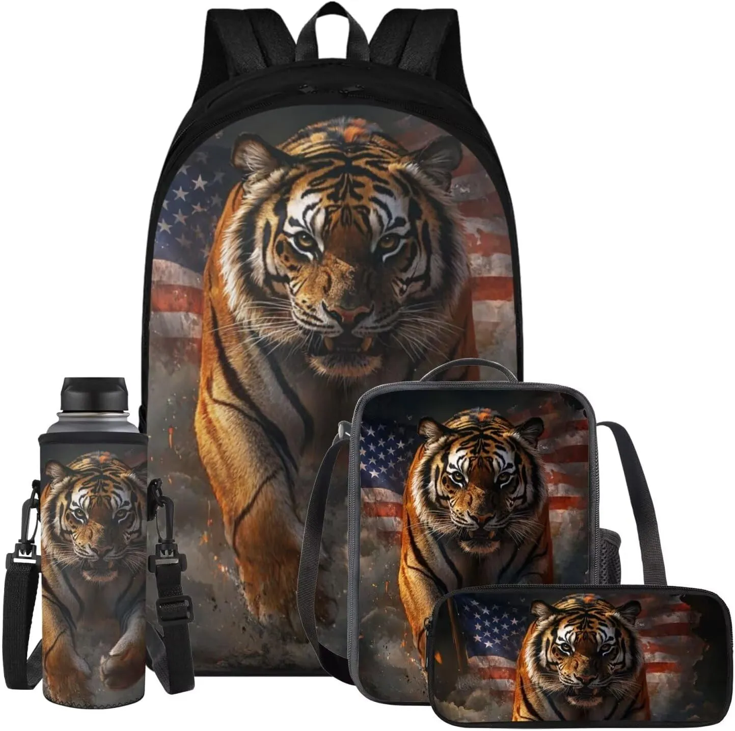 YEXIATODO Bossy Tiger Backpack with Lunch Box and Pencil Case 17 inch School Bags for Boys 7-10 Bookbag with Adjustable Straps Lightweight Large Capacity Cute School Backpack for Kids