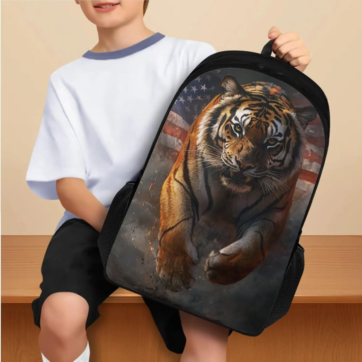 YEXIATODO Bossy Tiger Backpack with Lunch Box and Pencil Case 17 inch School Bags for Boys 7-10 Bookbag with Adjustable Straps Lightweight Large Capacity Cute School Backpack for Kids
