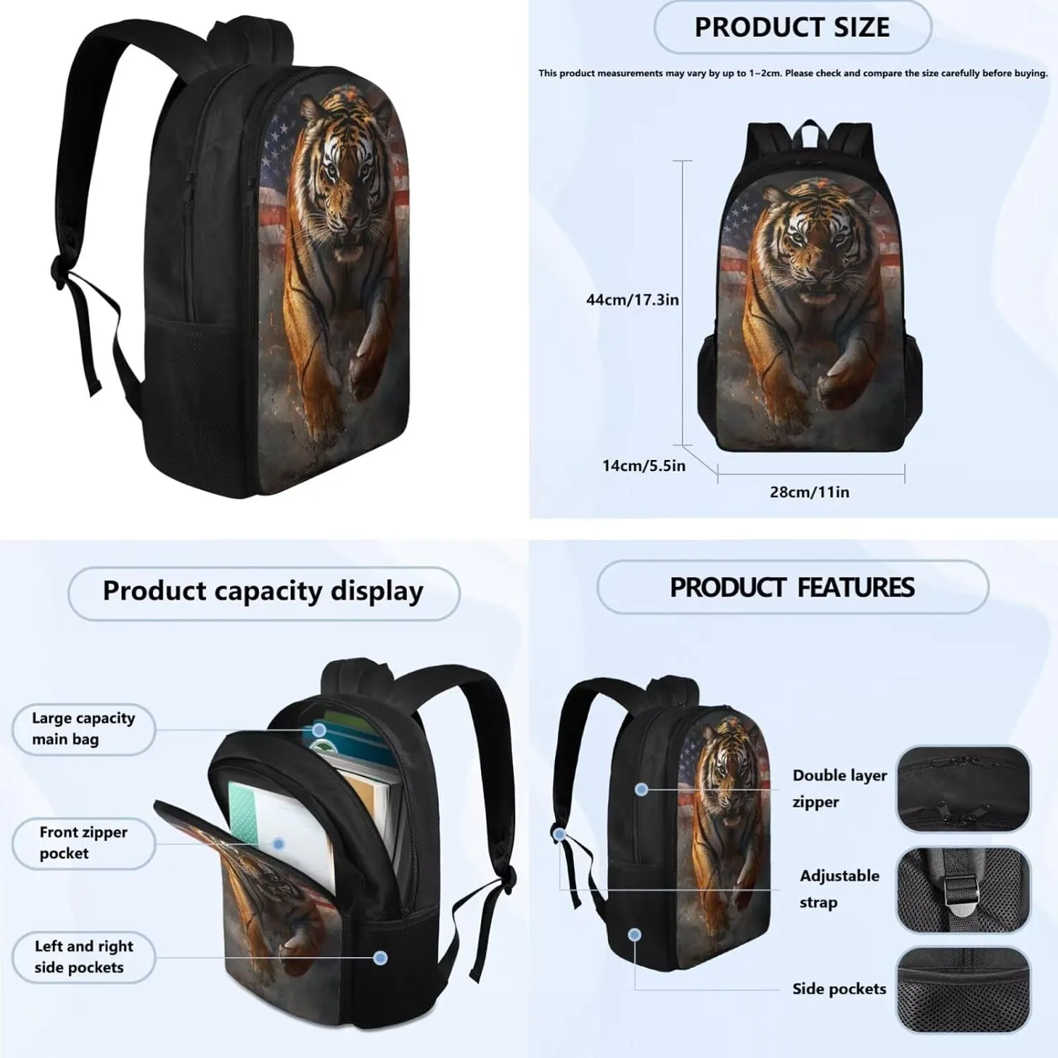 YEXIATODO Bossy Tiger Backpack with Lunch Box and Pencil Case 17 inch School Bags for Boys 7-10 Bookbag with Adjustable Straps Lightweight Large Capacity Cute School Backpack for Kids