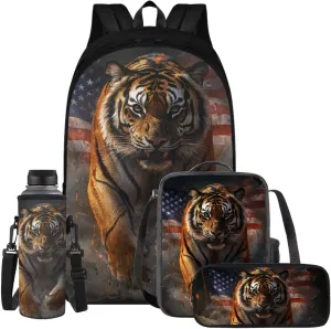 YEXIATODO Bossy Tiger Backpack with Lunch Box and Pencil Case 17 inch School Bags for Boys 7-10 Bookbag with Adjustable Straps Lightweight Large Capacity Cute School Backpack for Kids