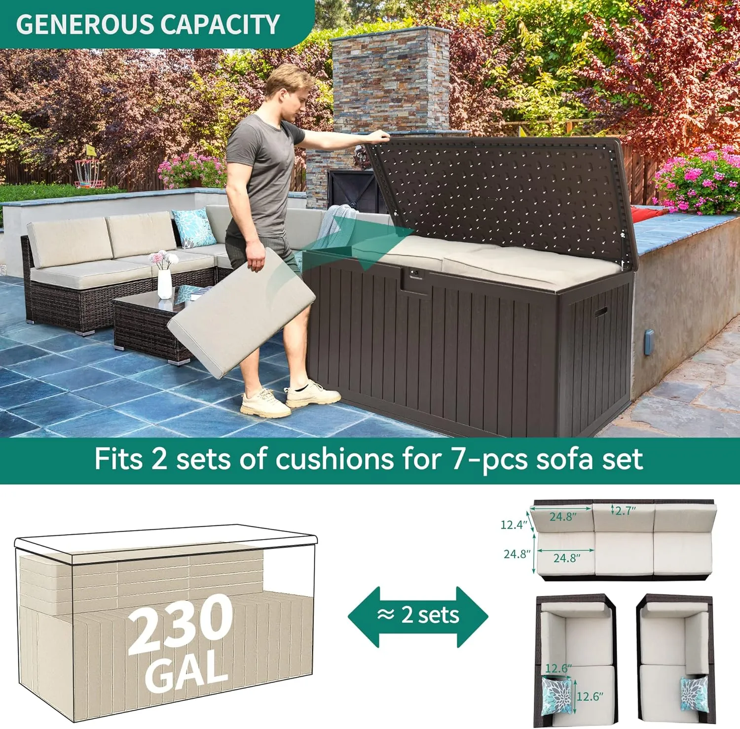 YITAHOME XXL 230 Gallon Large Deck Box,Outdoor Storage for Patio Furniture Cushions,Garden Tools with Flexible Divider,Waterproof,Lockable (Brown)