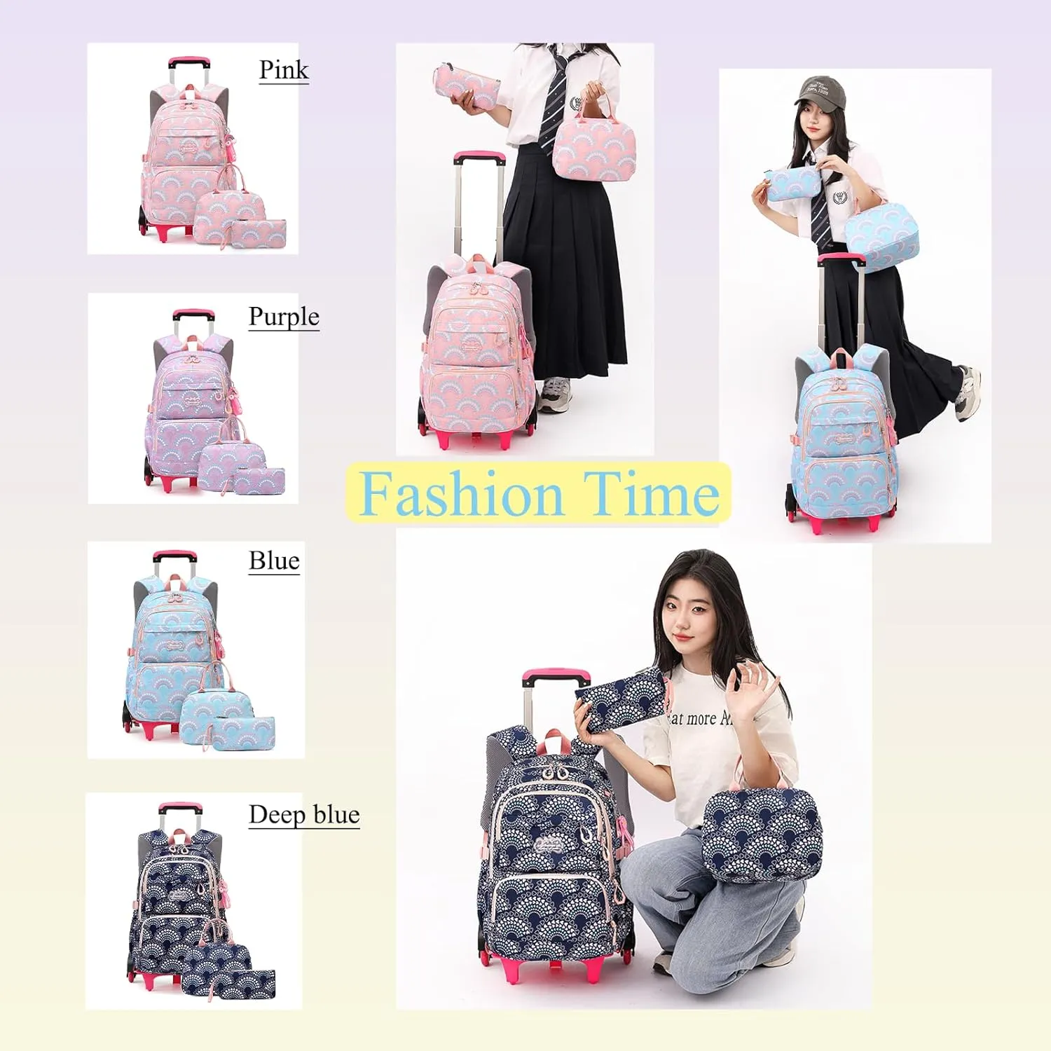 YJMKOI Girls Rolling Backpack Set Trolley Backpack for Girls with Lunch Box Carry-on Luggage BookBag Kids School Bags with Wheels