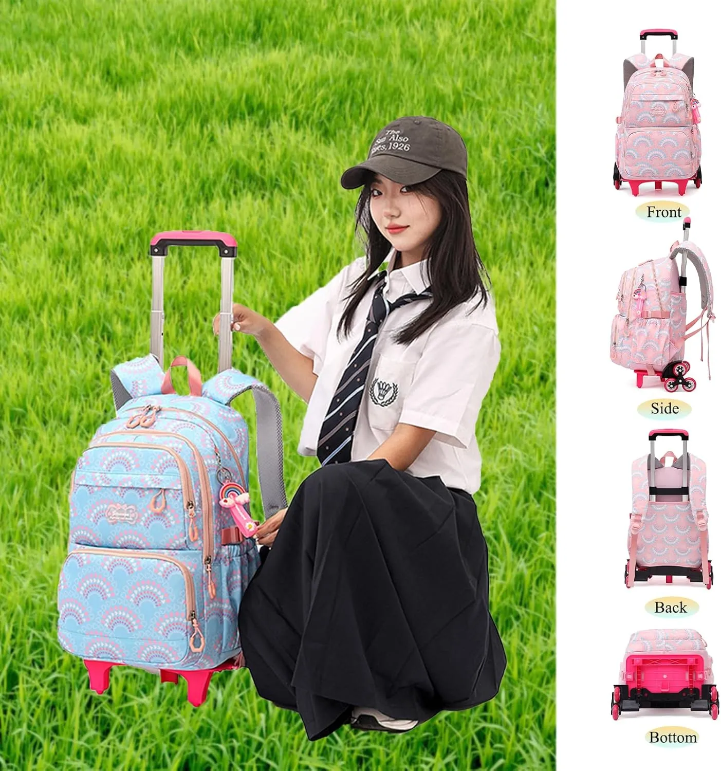 YJMKOI Girls Rolling Backpack Set Trolley Backpack for Girls with Lunch Box Carry-on Luggage BookBag Kids School Bags with Wheels