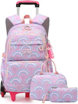 YJMKOI Girls Rolling Backpack Set Trolley Backpack for Girls with Lunch Box Carry-on Luggage BookBag Kids School Bags with Wheels