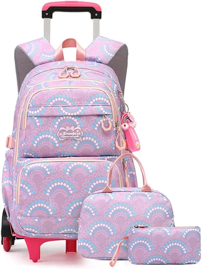 YJMKOI Girls Rolling Backpack Set Trolley Backpack for Girls with Lunch Box Carry-on Luggage BookBag Kids School Bags with Wheels