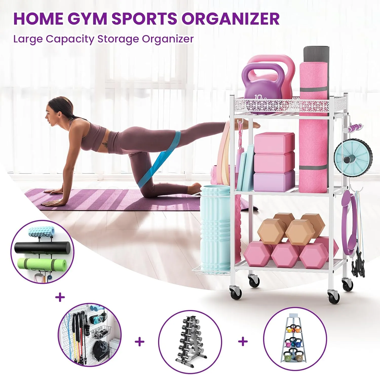 Yoga Mat Storage Rack, Home Gym Storage Rack, VOPEAK Workout Storage for Yoga Mat, Foam Roller, Equipment Gym Storage for Home Exercise and Fitness Gear (Metal)