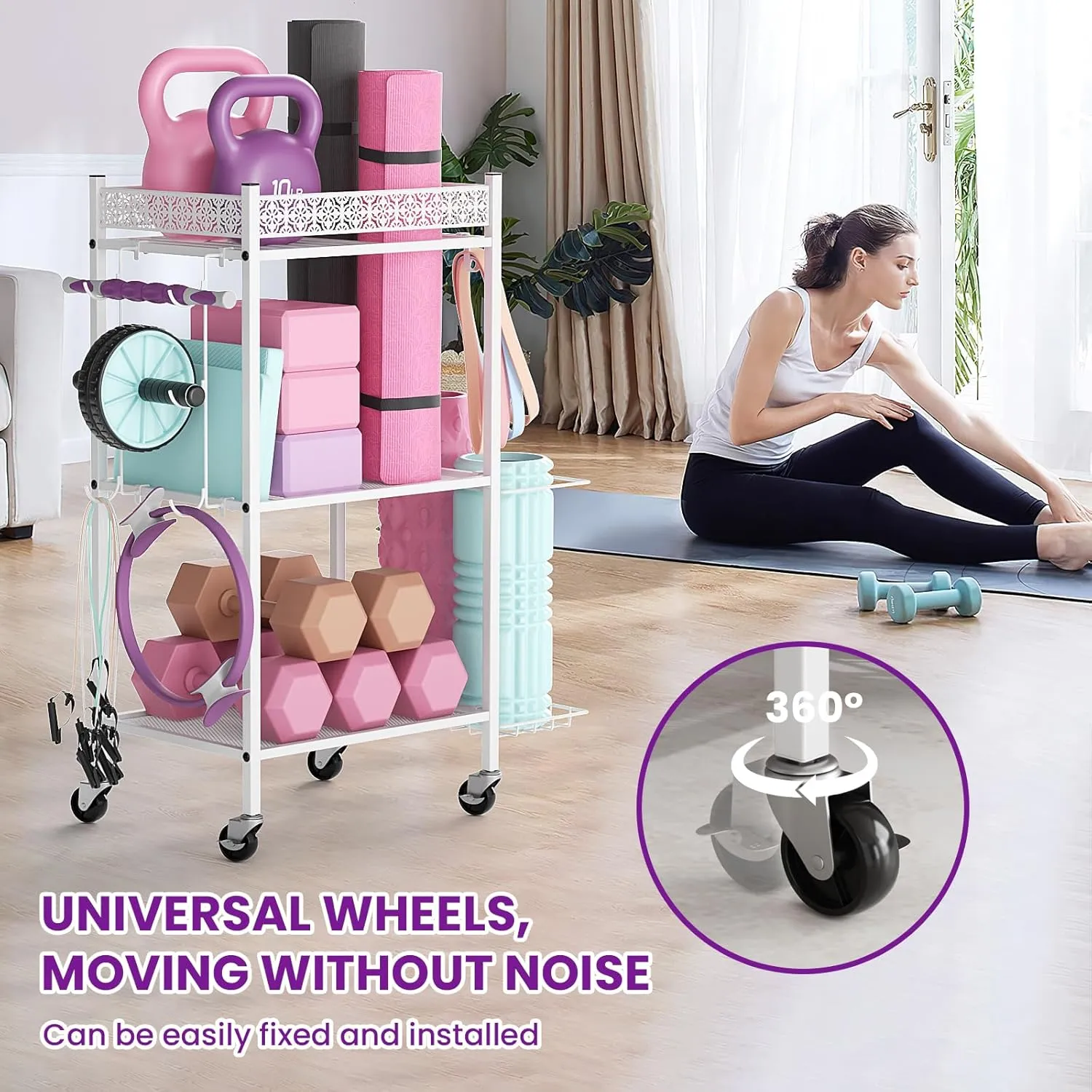 Yoga Mat Storage Rack, Home Gym Storage Rack, VOPEAK Workout Storage for Yoga Mat, Foam Roller, Equipment Gym Storage for Home Exercise and Fitness Gear (Metal)
