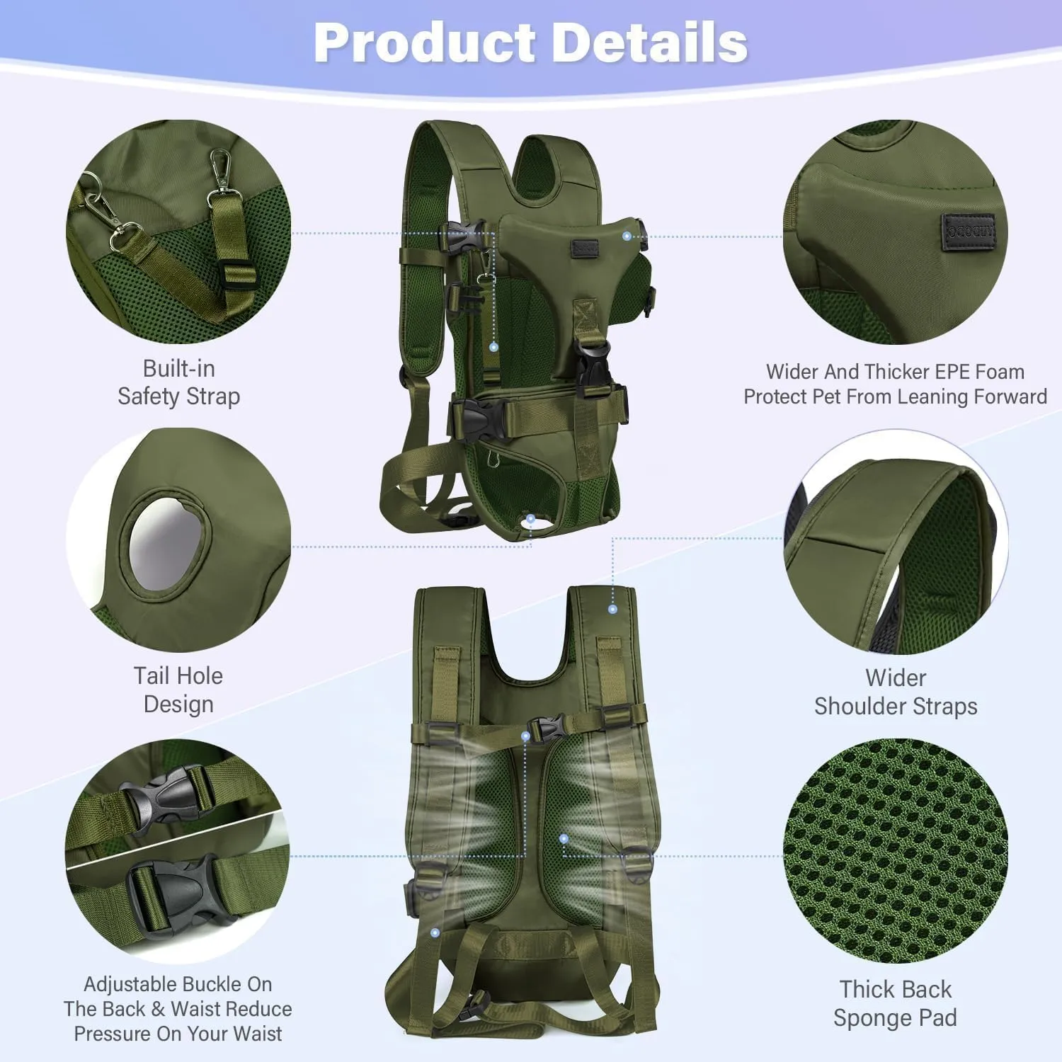 YUDODO 6-18lbs Pet Dog Front Carrier Backpacks Multiple Adjustable Small Dog Chest Carrier Legs Out Easy-Fit Puppy Travel Backpack Carrier for Women to Hiking Camping (M,Army Green)