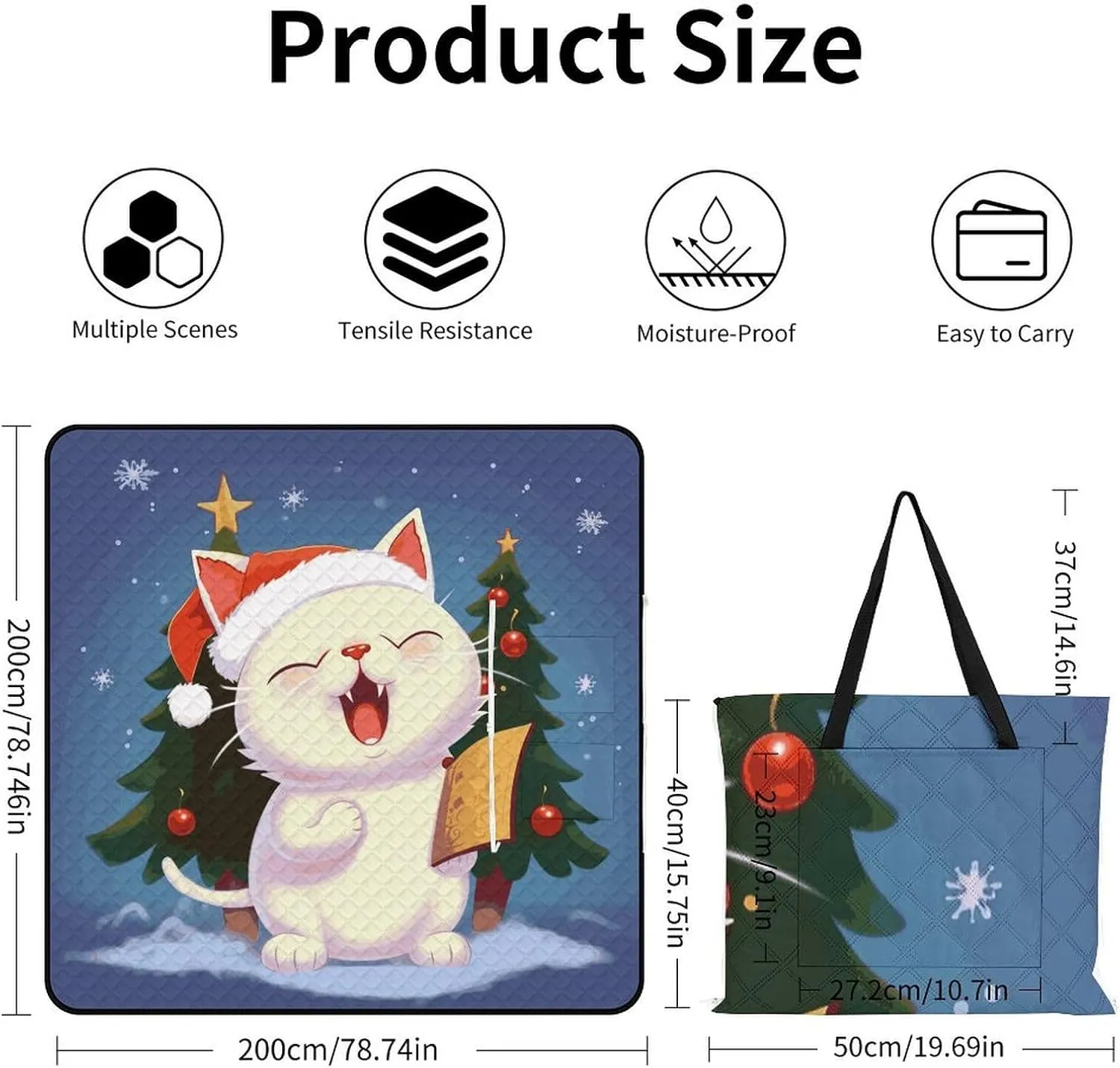 Zipper Style Picnic Mat Waterproof Foldable Sing Christmas Carols Printing Picnic Blankets Fashion Shopping Bag for Beach Camping Hiking Park