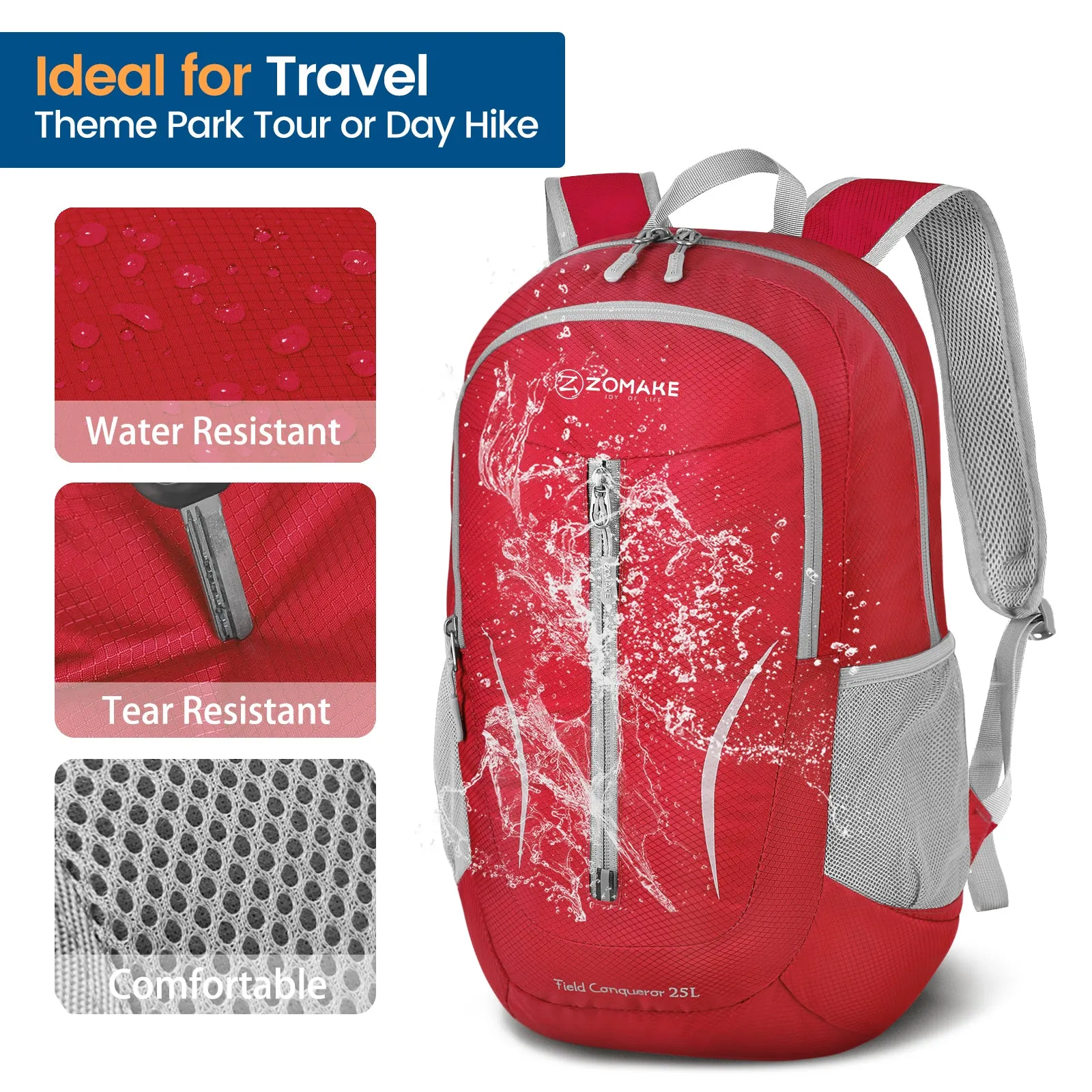 ZOMAKE Ultra Lightweight Packable Backpack 25L, Foldable Hiking Backpacks Water Resistant Small Folding Daypack for Travel(Red)
