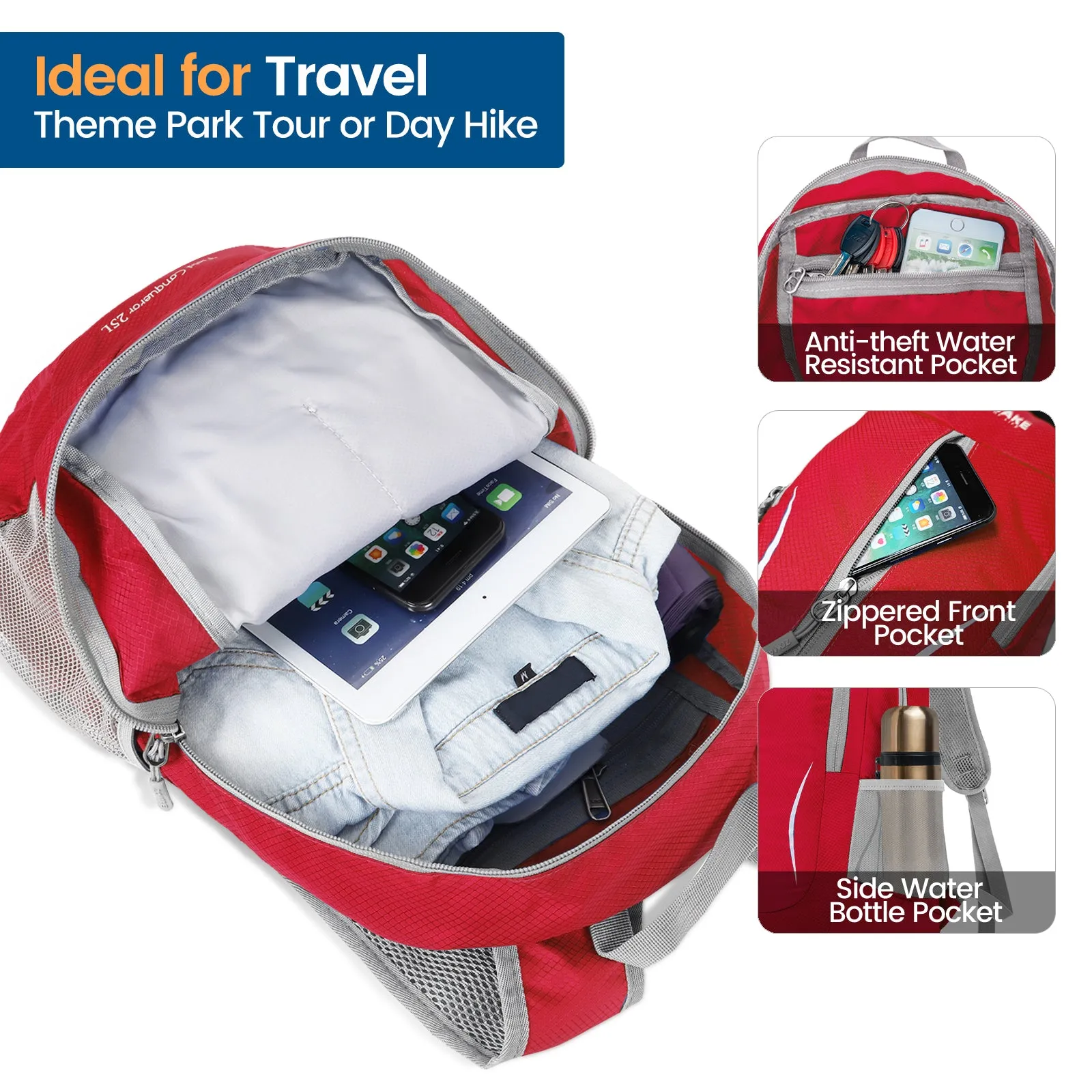 ZOMAKE Ultra Lightweight Packable Backpack 25L, Foldable Hiking Backpacks Water Resistant Small Folding Daypack for Travel(Red)
