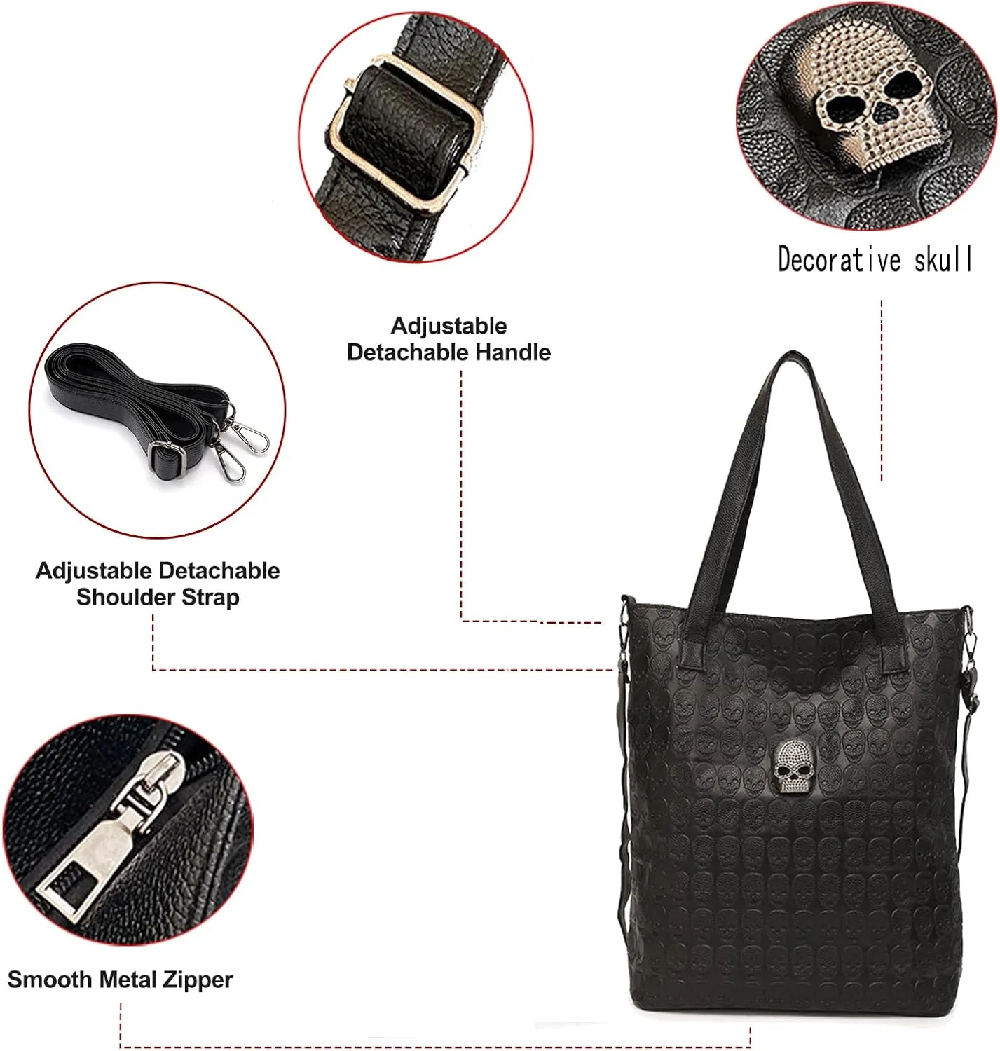 zuoge Women Skull Tote Bag Revit Studded Handbag Pu Leather Purse and Wallet Scarf 3Pcs Set